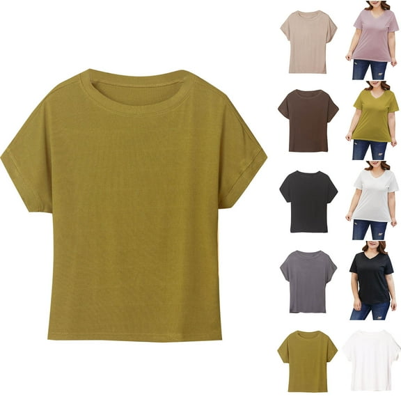 Fanxing Womens Plus Size T-Shirts V Neck Short Sleeve Tees Shirts 2025 Summer Solid Color Basic Tops Slim Fit Casual Blouses Yellow,XXXXXL