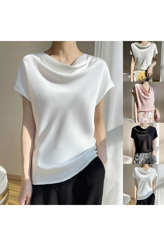 Womens Plus Size Tops Cowl Neck Short Sleeve Shirts Elegant Summer Tees Shirt White,XXL