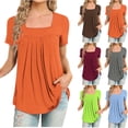 thumbnail image 1 of Fanxing Womens Plus Size Tops Fashion Pleated Tunics Blouses Loose Fit Square Neck Short Sleeve Shirts Summer Dressy Casual T Shirts Orange,XL, 1 of 4