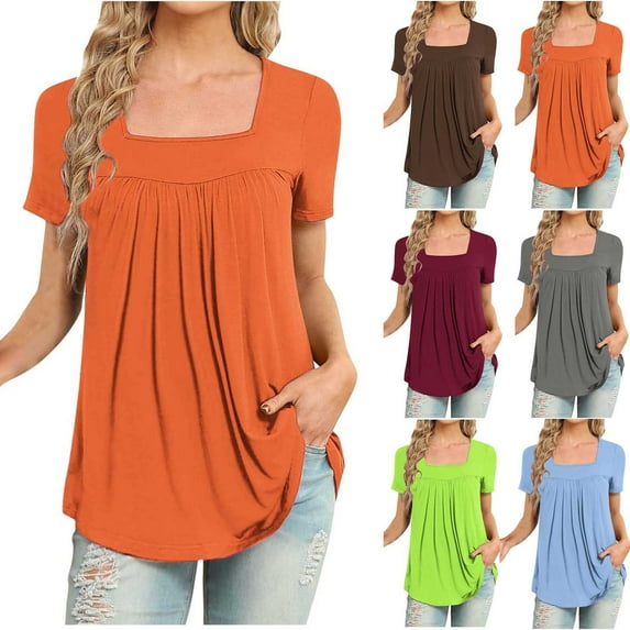 Fanxing Womens Plus Size Tops Fashion Pleated Tunics Blouses Loose Fit Square Neck Short Sleeve Shirts Summer Dressy Casual T Shirts Orange,XL