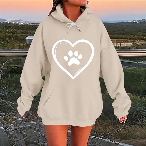 Fanxing Womens Plus Sweatshirts & Hoodies Cute Heart Graphic Oversized Hooded Sweatshirts Fall Winter Fashion Teen Girl Pullover Khaki S