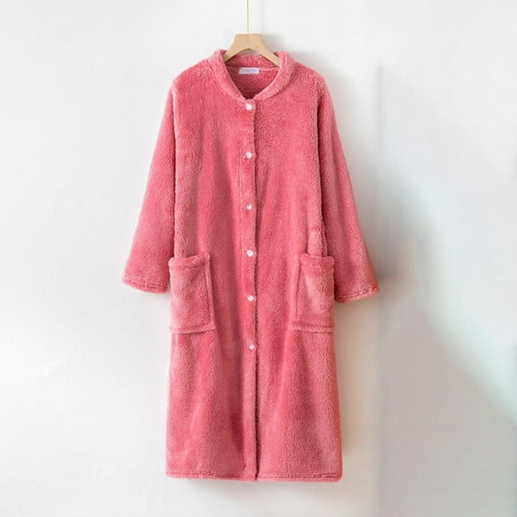 Fanxing Womens Plush Fleece Robe, Fleece Fuzzy Button Down Nightgown Sleepwear Soft Spa Hotle Absorbent Bathrobes Pink L