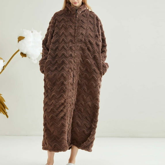 Fanxing Womens Plush Nightgown Cozy Gift Fleece Warm Stand Collar Robes Full Zip Absorbent Quick Dry Shaggy Ankle Length Spa Bathrobes Coffee XL