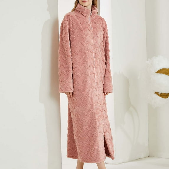 Fanxing Womens Plush Nightgown Cozy Gift Fleece Warm Stand Collar Robes Full Zip Absorbent Quick Dry Shaggy Ankle Length Spa Bathrobes Pink XL