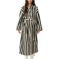 Fanxing Womens Plush Robes Stripes Fluffy Warm Fleece Bathrobe Full Length Extra Thick Shaggy Bathrobes Black M