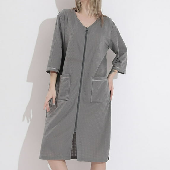 Fanxing Womens Plush Zip Up Robes Fuzzy Fleece Shawl Collar Bathrobes Soft Cozy Warm Nightgown Ankle Lenght Maternity Robe Gray L