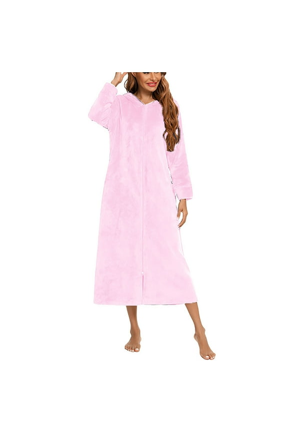 Womens Plush Zip Up Robes Fuzzy Fleece Sherpa Hooded Bathrobe Winter Cozy Warm Nightgown Female Spa Robe Housecoat Pink XL