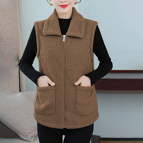 Fanxing Womens Polar Fleece Vests Winter Warm Fuzzy Sleeveless Zip Up Jackets Lapel Warm Sherpa Outwear with Pocket Brown M