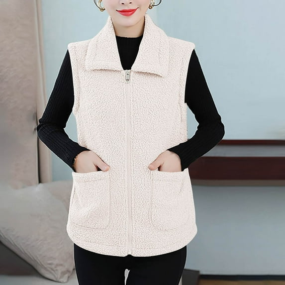 Fanxing Womens Polar Fleece Vests Winter Warm Fuzzy Sleeveless Zip Up Jackets Lapel Warm Sherpa Outwear with Pocket White M