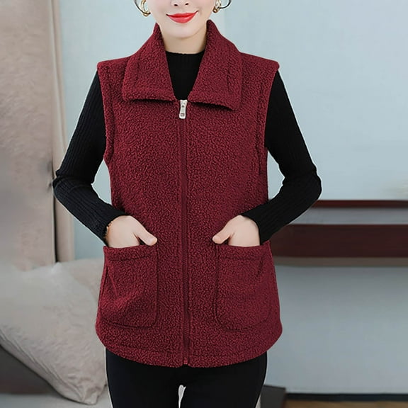 Fanxing Womens Polar Fleece Vests Winter Warm Fuzzy Sleeveless Zip Up Jackets Lapel Warm Sherpa Outwear with Pocket Wine M