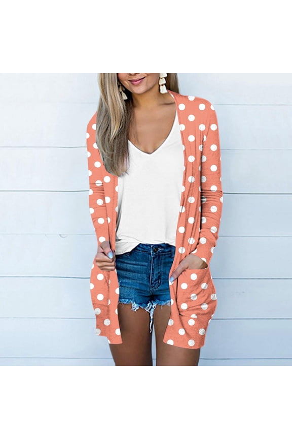 Womens Polka Dot Cardigan Casual Lightweight Long Fall Shrug Shawl with Pocket Orange L