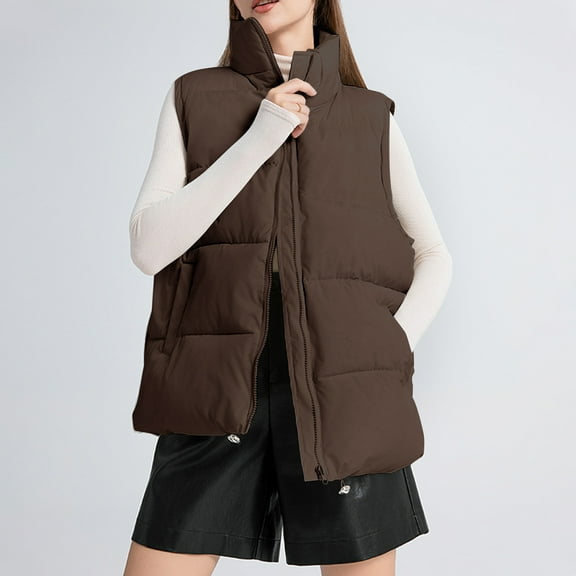 Fanxing Womens Puffer Vest Sleeveless Winter Quilted Jackets Zip Up Coats Stand Collar Padded Outerwear with Pocket Brown XL