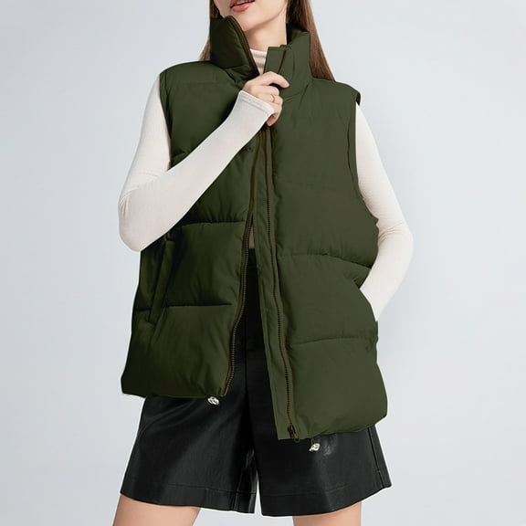 Fanxing Womens Puffer Vest Sleeveless Winter Quilted Jackets Zip Up Coats Stand Collar Padded Outerwear with Pocket Green M