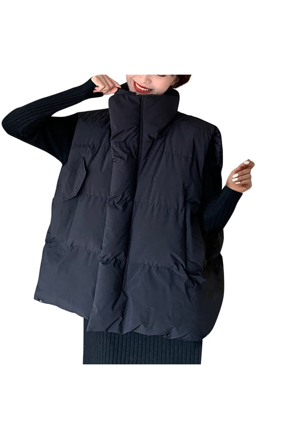 Womens Puffer Vest Thicken Warm Sleeveless Down Jacket Full Zip Stand Collar Bubble Gilet Puffy Outwear Black S