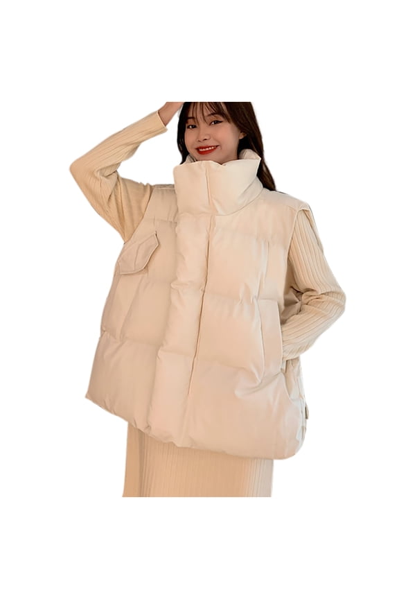 Womens Puffer Vest Thicken Warm Sleeveless Down Jacket Full Zip Stand Collar Bubble Gilet Puffy Outwear White S