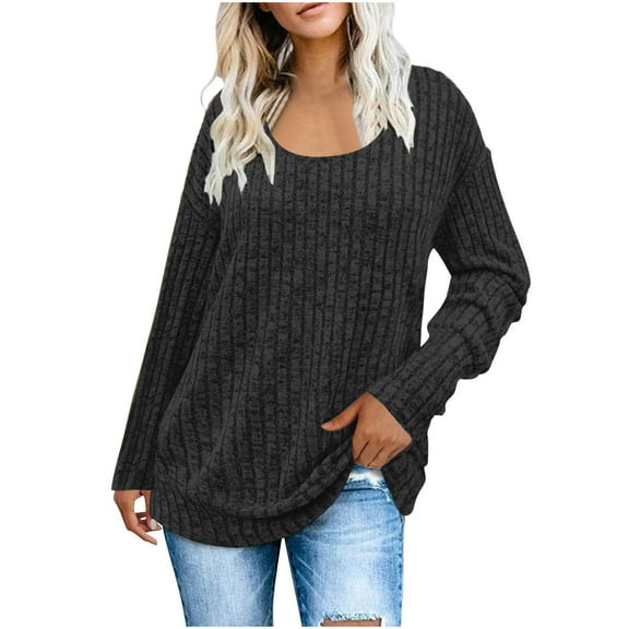 Fanxing Womens Pullover Sweater Dressy Casual Long Sleeve Ribbed Blouses Loose Fit Crew Neck Knit Tunic Tops Black XL