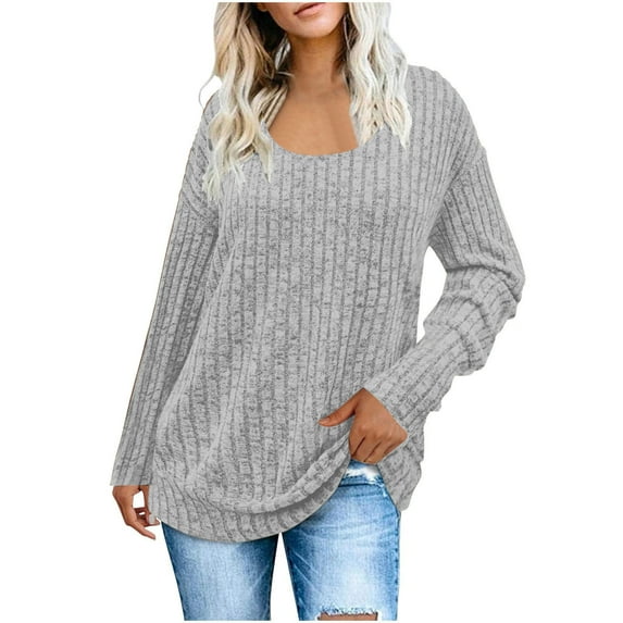 Fanxing Womens Pullover Sweater Dressy Casual Long Sleeve Ribbed Blouses Loose Fit Crew Neck Knit Tunic Tops Gray L