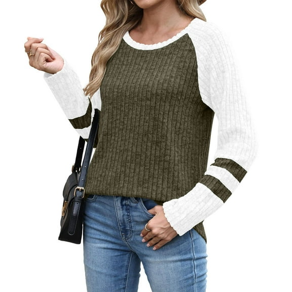 Fanxing Womens Pullover Sweaters Color Block Crewneck Knit Tunic Tops Cozy Soft Long Sleeve Jumper Tops Army Green S