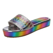 Fanxing Womens Rainbow Platform Sandals Thick Bottom Open Toe Glitter Rhinestones Casual Sandal Slip On Flatform Fashion Slides
