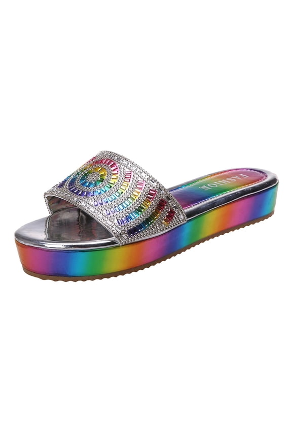 Womens Rainbow Platform Sandals Thick Bottom Open Toe Glitter Rhinestones Casual Sandal Slip On Flatform Fashion Slides
