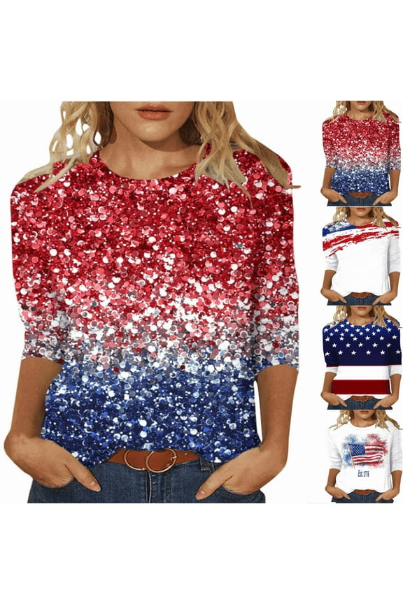 Womens Retro 4th of July Shirts American Flag Parade Casual 3/4 Length Sleeve Tops Summer Patriotic Trendy Blouse 2025 Memorial Day T-Shirt My Recent Orders Placed By Me Red,L