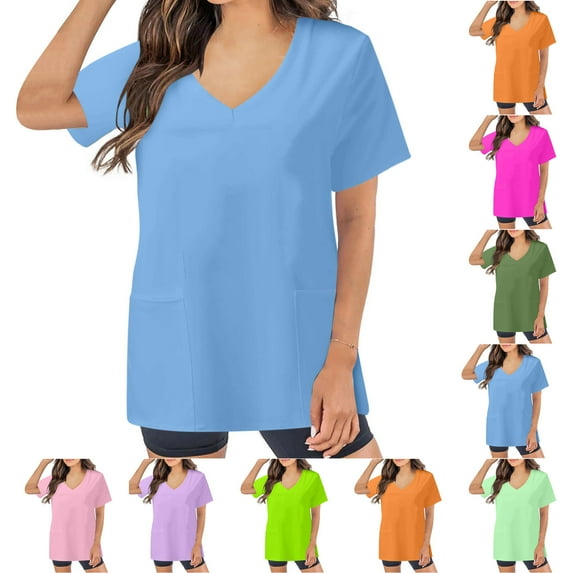 Fanxing Womens Scrub Tops Fashion V Neck Work Uniform T Shirt Short Sleeve Nurse Tops with Pocket Working Uniform Tees Purple,XL