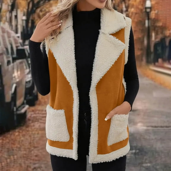 Fanxing Womens Sherpa Suede Vest Lapel Fleece Lined Sleeveless Crop Jacket Winter Fuzzy Outerwear with Pocket Khaki XL