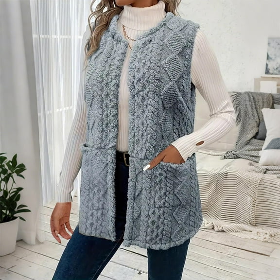 Fanxing Womens Sherpa Vests Winter Fleece Long Sleeveless Jacket Button Up Soft Comfy Fuzzy Jacquard Outerwear with Pocket Blue XL