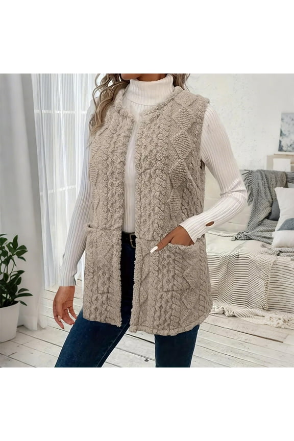 Womens Sherpa Vests Winter Fleece Long Sleeveless Jacket Button Up Soft Comfy Fuzzy Jacquard Outerwear with Pocket Gray XL