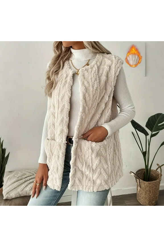 Womens Sherpa Vests Winter Fleece Long Sleeveless Jacket Button Up Soft Comfy Fuzzy Jacquard Outerwear with Pocket White L