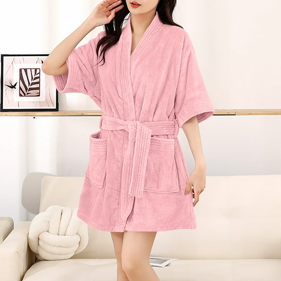 Fanxing Womens Short Plush Robes Half Sleeve Thick Soft Absorbent Bathrobe Cozy Warm Fuzzy Fleece Shower Robe with Belt and Pockets Pink Free Size