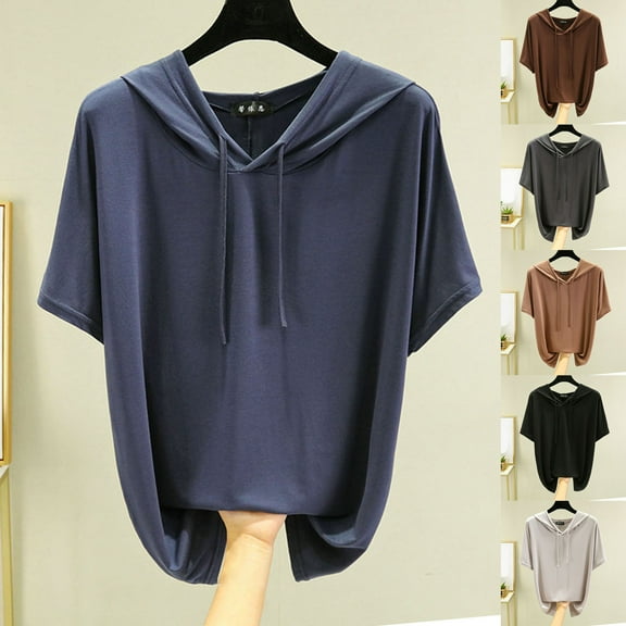 Fanxing Womens Short Sleeve Hoodies Loose Fit Solid Color Hooded Summer Tops Athletic Workout Blouses Coffee,L