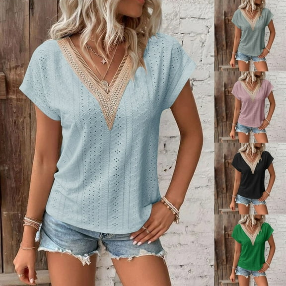 Fanxing Womens Short Sleeve T Shirt Summer Lace Trim V Neck Tops Dressy Casual Solid Color Shirts Hollow Out Blouses Black,XXL