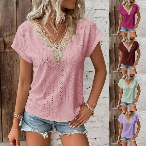 Fanxing Womens Short Sleeve T Shirt Summer Lace Trim V Neck Tops Dressy Casual Solid Color Shirts Hollow Out Blouses Wine,L
