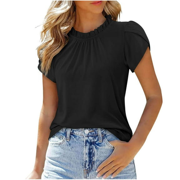 Fanxing Womens Short Sleeve T-Shirts Dressy Casual Ruched Short Sleeve Tees Ruffle Hem Summer Tops Black,L