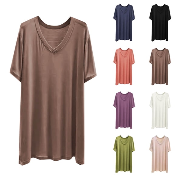 Fanxing Womens Short Sleeve T Shirts Lounge Wear Loose Fit Long Tunic Summer Tops Pajamas Shirt Khaki,XXL