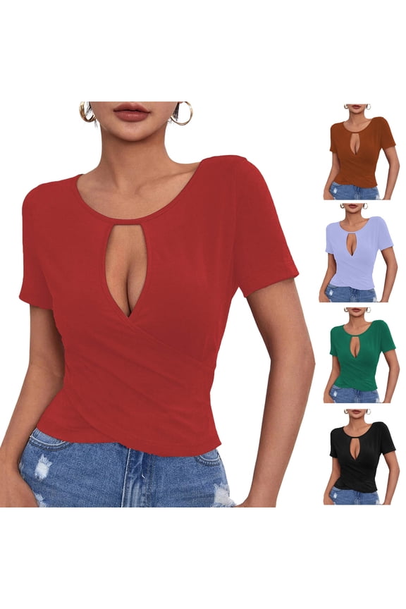 Womens Short Sleeve Tops Cut Out Front Fitted T-Shirts Dressy Casual Crossover Summer T Shirts Purple,L