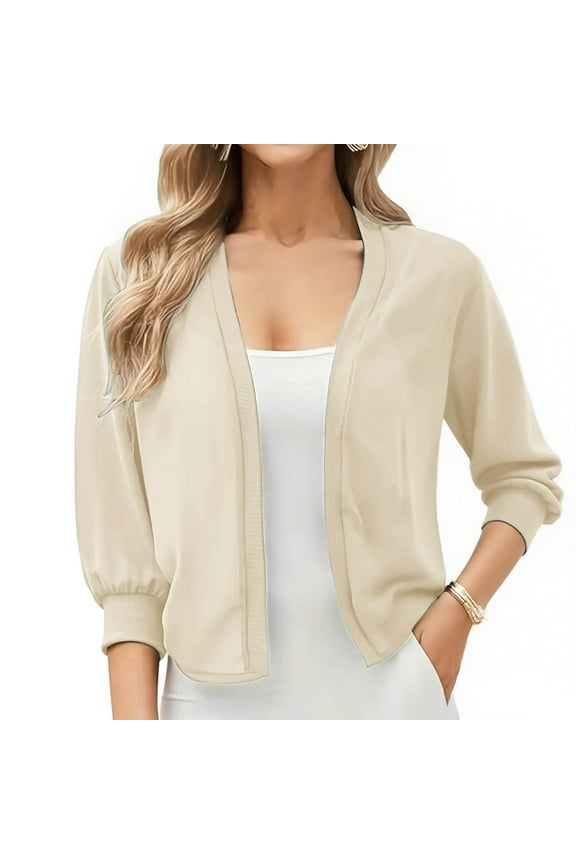 Womens Shrug Bolero Casual 3/4 Sleeve Chiffon Cropped Cardigan Lightweight Open Front Cover Ups Beige XL
