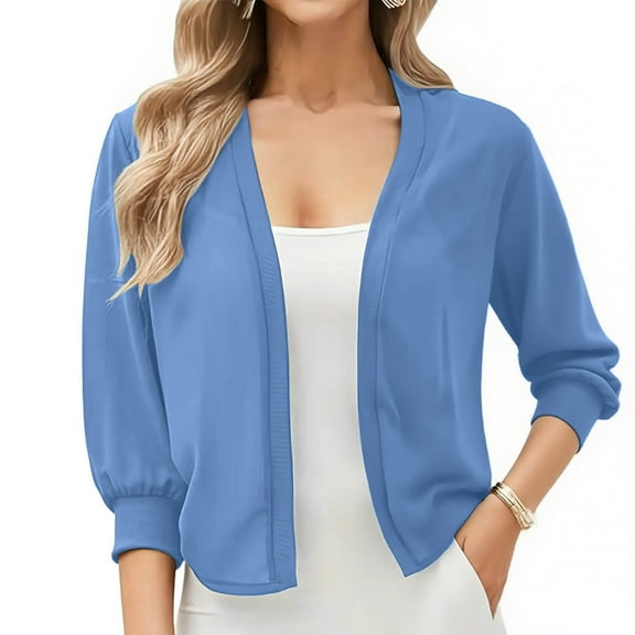 Fanxing Womens Shrug Bolero Casual 3/4 Sleeve Chiffon Cropped Cardigan Lightweight Open Front Cover Ups Blue XL
