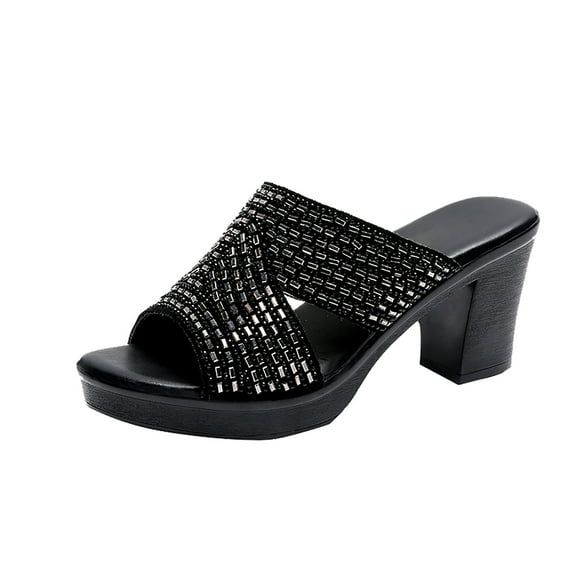 Fanxing Womens Slides Sandals Square Open Toe Strap Heels Summer Platform Chunky Heeled Mules