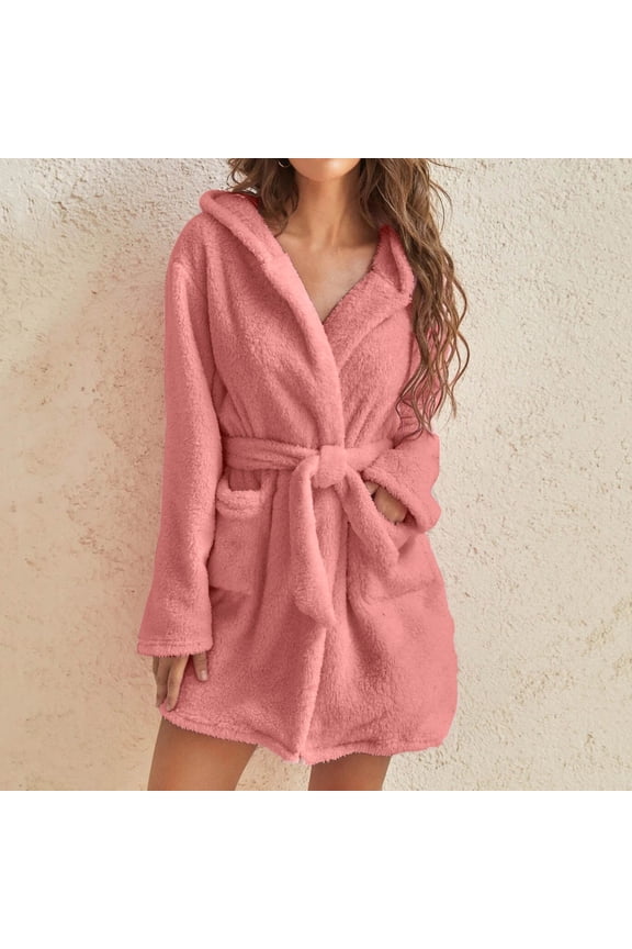 Womens Soft Plush Short Bathrobe Hood Fleece Robe, Fluffy Long Sleeve Belted Cute Housecoat Sleepwear Pockets Nightgown Pink 5XL