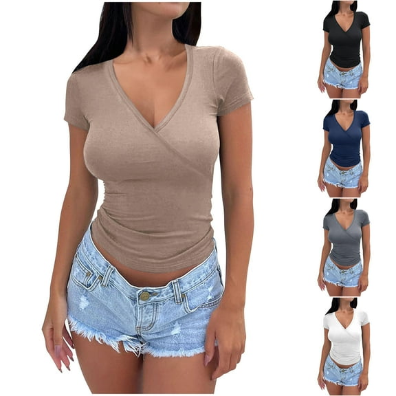 Fanxing Womens Stretchy V Neck T Shirts Summer Tshirts 2025 Crop Short Sleeve Slim Fit Tee Cute Going Out Tops Brown,S