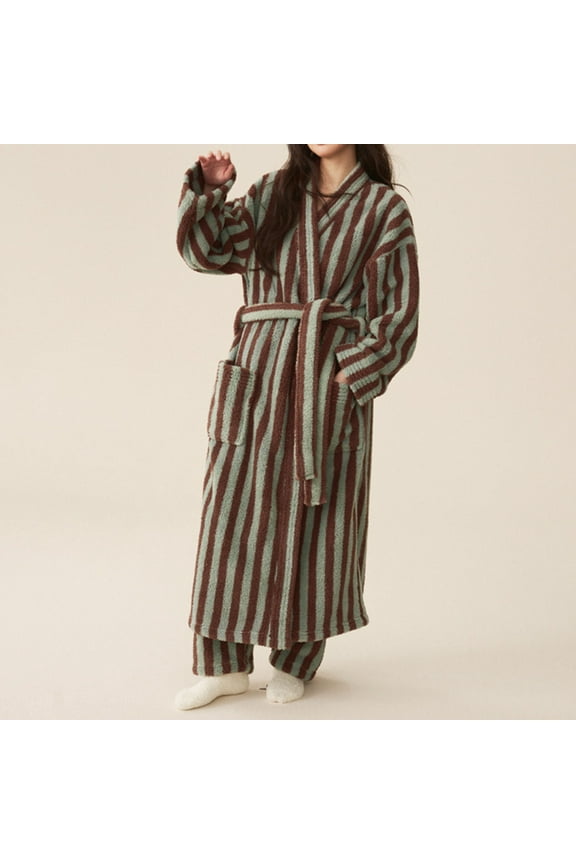 Womens Striped Plush Robes Fleece Soft Fluffy Bathrobe Fuzzy Cozy Winter Warm Shower Spa House Coat Long Robe Coffee M