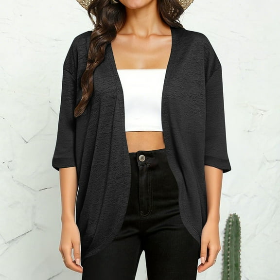 Fanxing Womens Summer Cardigan Lightweight 3/4 Sleeve Kimono Cardigans Beach Vacation Cover up Black 2XL