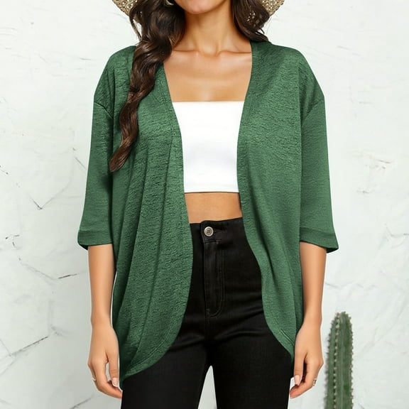 Fanxing Womens Summer Cardigan Lightweight 3/4 Sleeve Kimono Cardigans Beach Vacation Cover up Green M