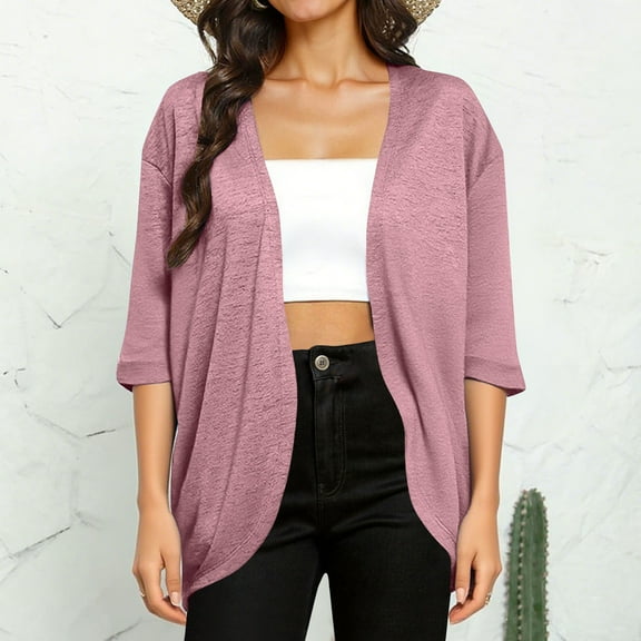 Fanxing Womens Summer Cardigan Lightweight 3/4 Sleeve Kimono Cardigans Beach Vacation Cover up Pink M