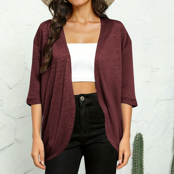Fanxing Womens Summer Cardigan Lightweight 3/4 Sleeve Kimono Cardigans Beach Vacation Cover up Wine S