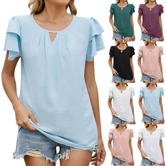 Fanxing Womens Summer Chiffon Tops Ruffled Short Sleeve T Shirts with Keyhole Basic Solid Color Tees Shirt Black,XXL