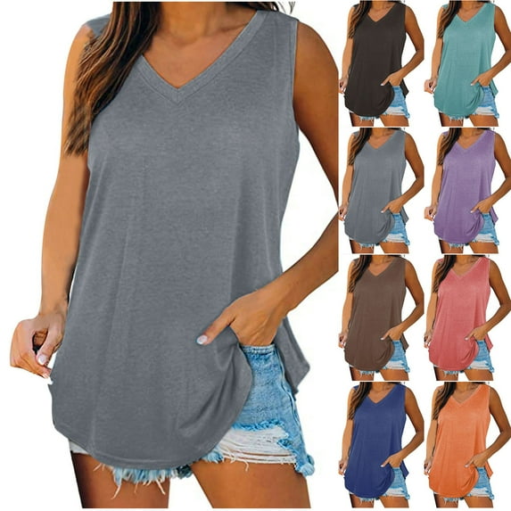 Fanxing Womens Summer Tank Tops Dressy Casual V Neck Tunic Blouses Flowy Sleeveless T-Shirt Blue,S