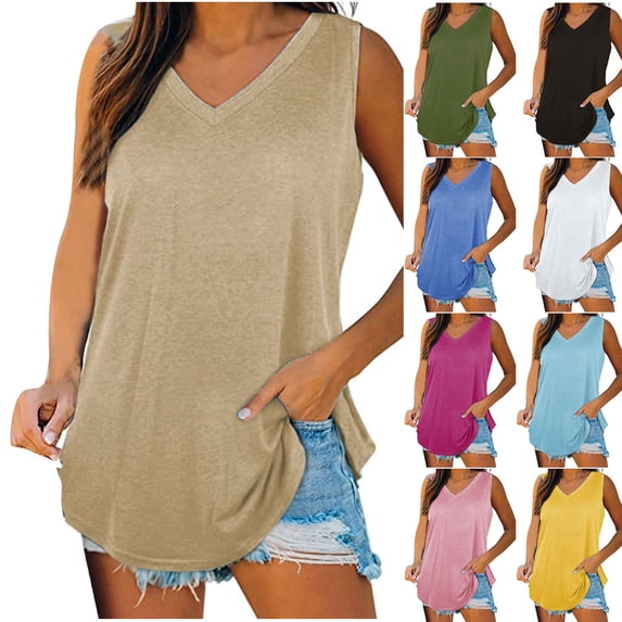 Fanxing Womens Summer Tank Tops Dressy Casual V Neck Tunic Blouses Flowy Sleeveless T-Shirt Blue,S